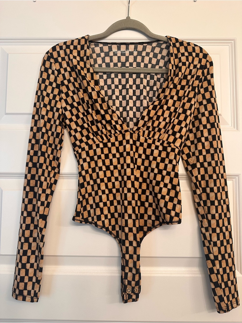 Abercrombie & Fitch Black and Tan Checkerboard Long-Sleeve Bodysuit